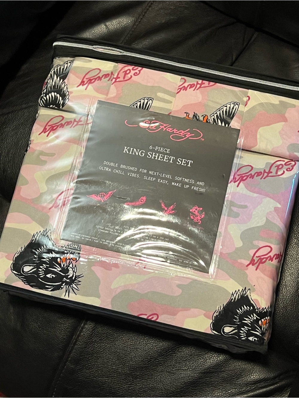Ed Hardy Pink Camo King Sheet Set with Signature Graphics